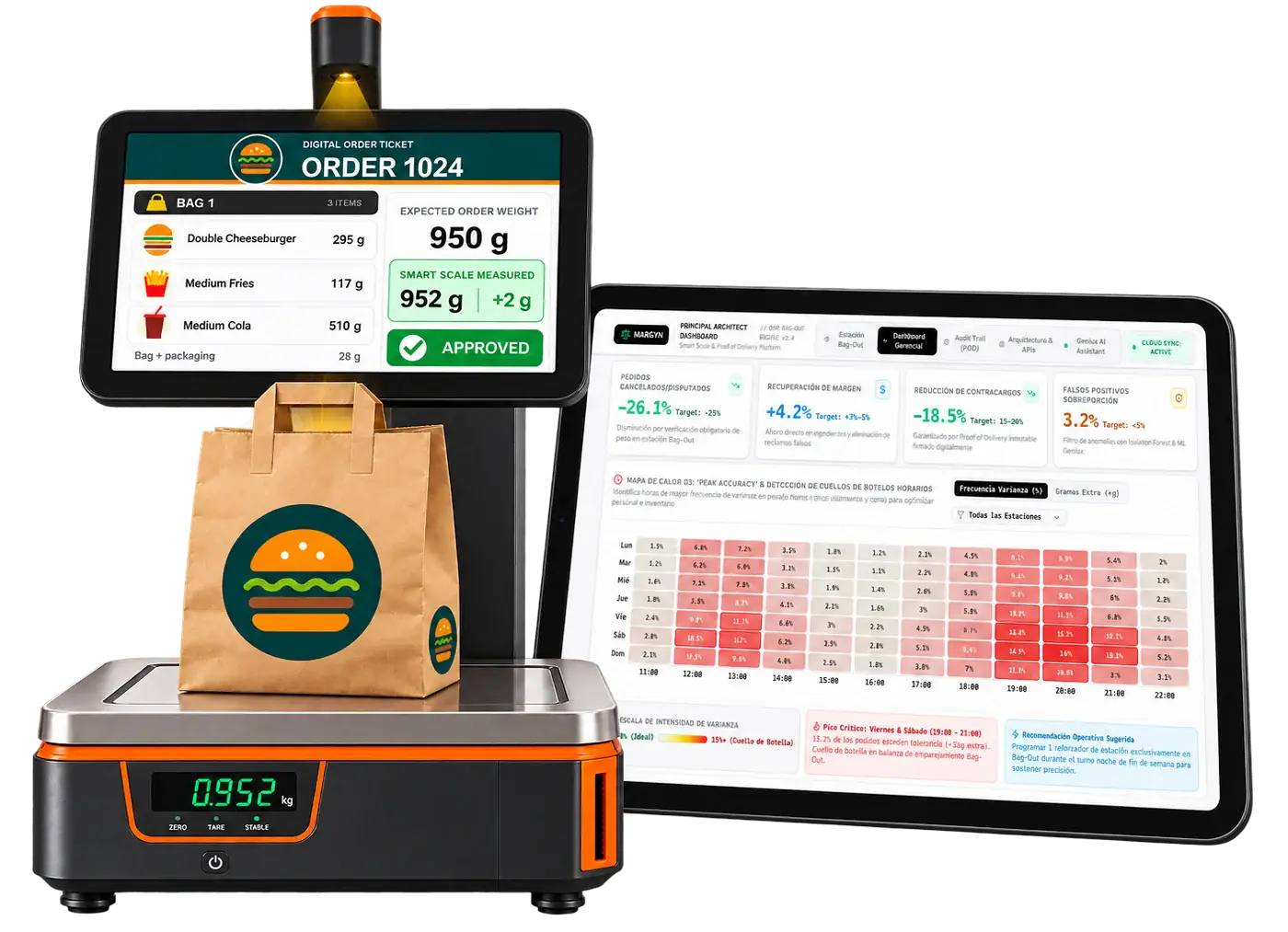 MARGYN smart scale verifying an order by weight, with the margin dashboard