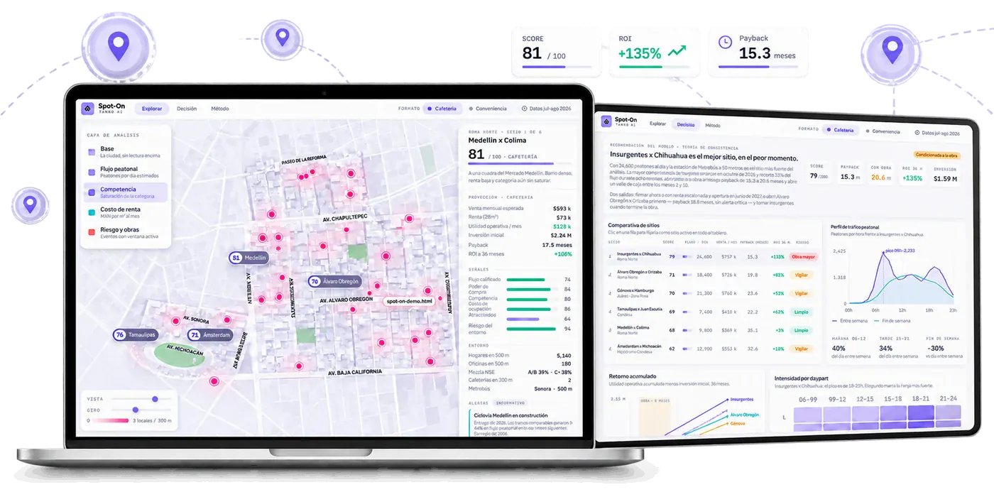 SPOT-ON site map with scored locations and a recommendation dashboard