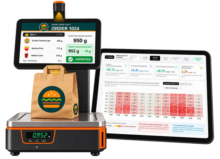 MARGYN smart scale verifying an order by weight, with the margin dashboard